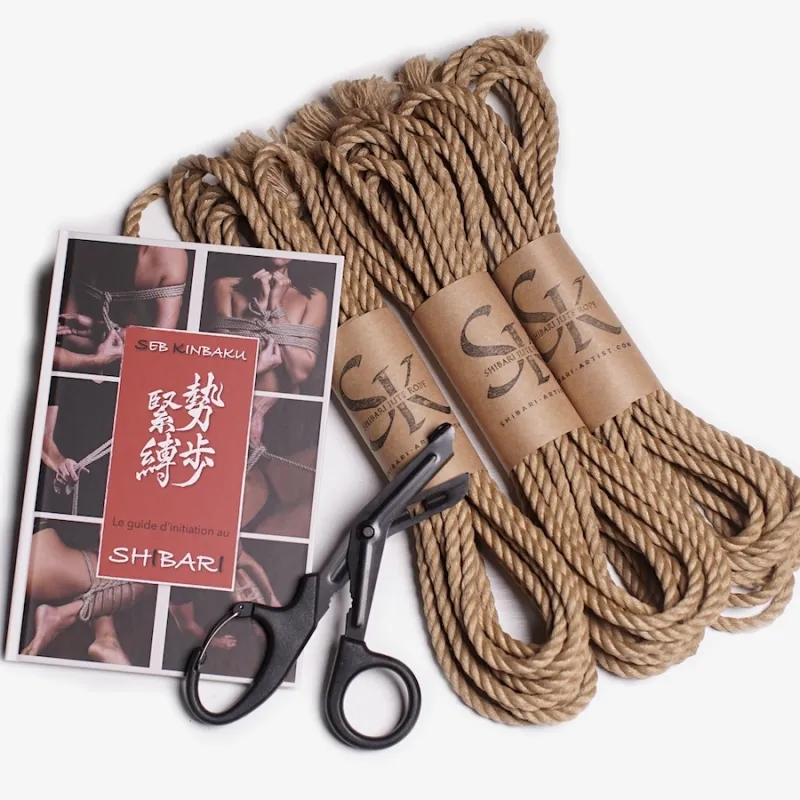 Kit Shibari débutant avec cordes japonaises, guide et coupe-corde